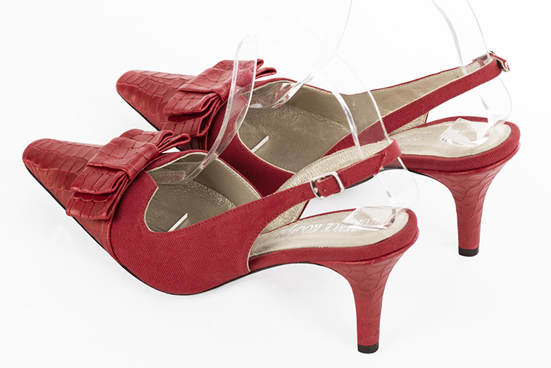 Scarlet red women's open back shoes, with a knot. Tapered toe. High slim heel. Rear view - Florence KOOIJMAN